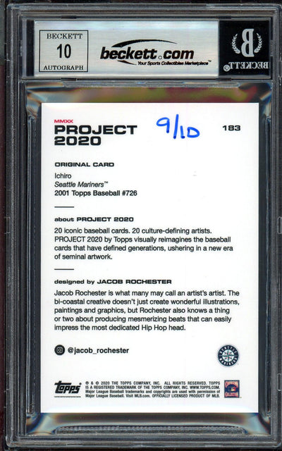 Ichiro Suzuki Autographed Topps Project 2020 Jacob Rochester Card #183 Seattle Mariners Auto Grade Gem Mint 10 Teal #/10 Beckett BAS Stock #200993