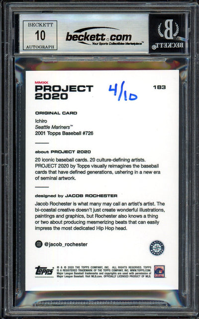 Ichiro Suzuki Autographed Topps Project 2020 Jacob Rochester Card #183 Seattle Mariners Auto Grade Gem Mint 10 Gold #/10 Beckett BAS Stock #200994
