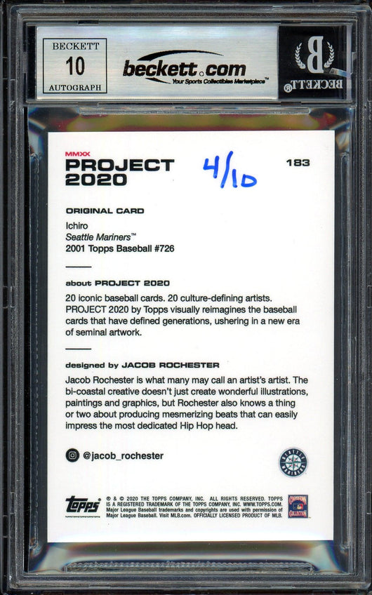 Ichiro Suzuki Autographed Topps Project 2020 Jacob Rochester Card #183 Seattle Mariners Auto Grade Gem Mint 10 Gold #/10 Beckett BAS Stock #200994