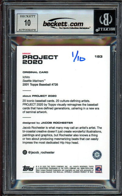 Ichiro Suzuki Autographed Topps Project 2020 Jacob Rochester Card #183 Seattle Mariners Auto Grade Gem Mint 10 Silver #1/10 Beckett BAS #13712910