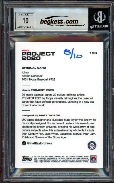 Ichiro Suzuki Autographed Topps Project 2020 Matt Taylor Card #196 Seattle Mariners Auto Grade Gem Mint 10 Blue #/10 Beckett BAS Stock #200997