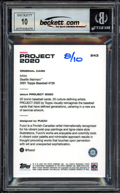 Ichiro Suzuki Autographed Topps Project 2020 Fucci Card #243 Seattle Mariners Auto Grade Gem Mint 10 Blue #/10 Beckett BAS Stock #201008