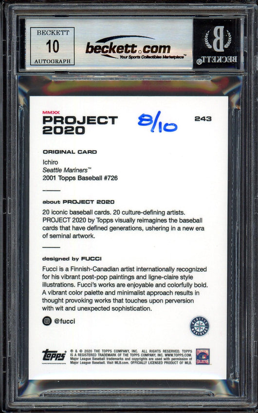 Ichiro Suzuki Autographed Topps Project 2020 Fucci Card #243 Seattle Mariners Auto Grade Gem Mint 10 Blue #/10 Beckett BAS Stock #201008