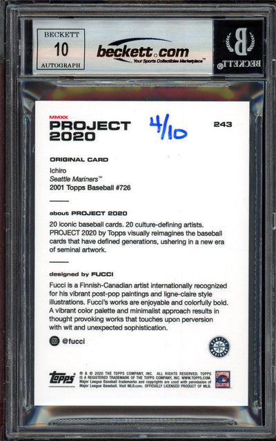Ichiro Suzuki Autographed Topps Project 2020 Fucci Card #243 Seattle Mariners Auto Grade Gem Mint 10 Lime Green #/10 Beckett BAS Stock #201009