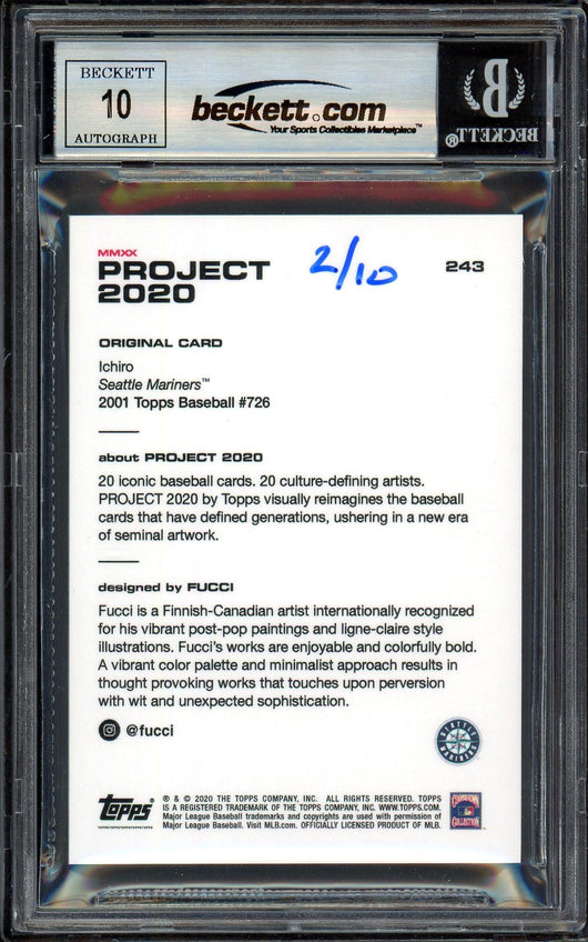 Ichiro Suzuki Autographed Topps Project 2020 Fucci Card #243 Seattle Mariners Auto Grade Gem Mint 10 Black #/10 Beckett BAS Stock #201010