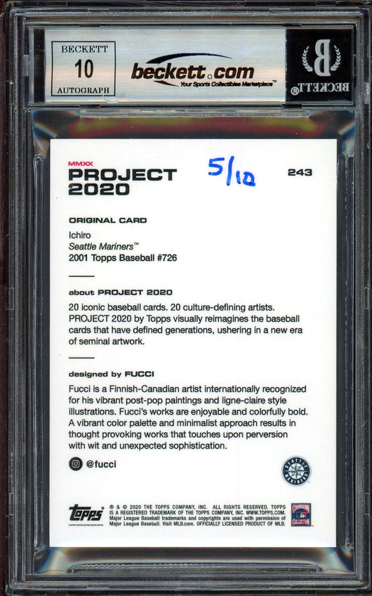 Ichiro Suzuki Autographed Topps Project 2020 Fucci Card #243 Seattle Mariners Auto Grade Gem Mint 10 Teal #5/10 Beckett BAS #13713089