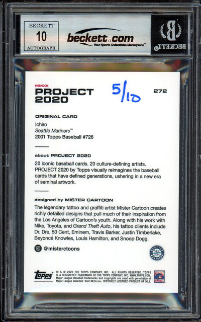 Ichiro Suzuki Autographed Topps Project 2020 Mister Cartoon Card #272 Seattle Mariners Auto Grade Gem Mint 10 Black #/10 Beckett BAS Stock #201020