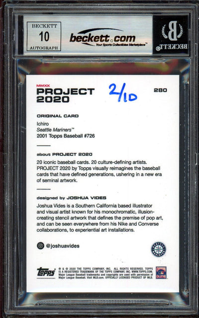 Ichiro Suzuki Autographed Topps Project 2020 Joshua Vides Card #280 Seattle Mariners Auto Grade Gem Mint 10 Black #/10 Beckett BAS Stock #201027