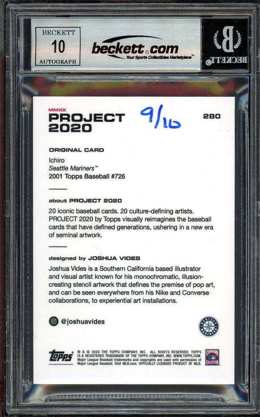 Ichiro Suzuki Autographed Topps Project 2020 Joshua Vides Card #280 Seattle Mariners Auto Grade Gem Mint 10 Gold #/10 Beckett BAS Stock #201029