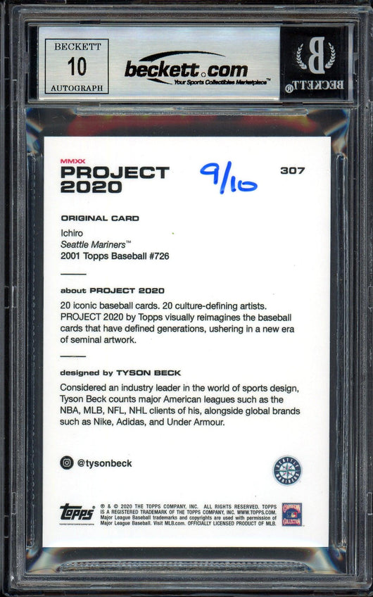 Ichiro Suzuki Autographed Topps Project 2020 Tyson Beck Card #307 Seattle Mariners Auto Grade Gem Mint 10 Lime Green #/10 Beckett BAS Stock #201032