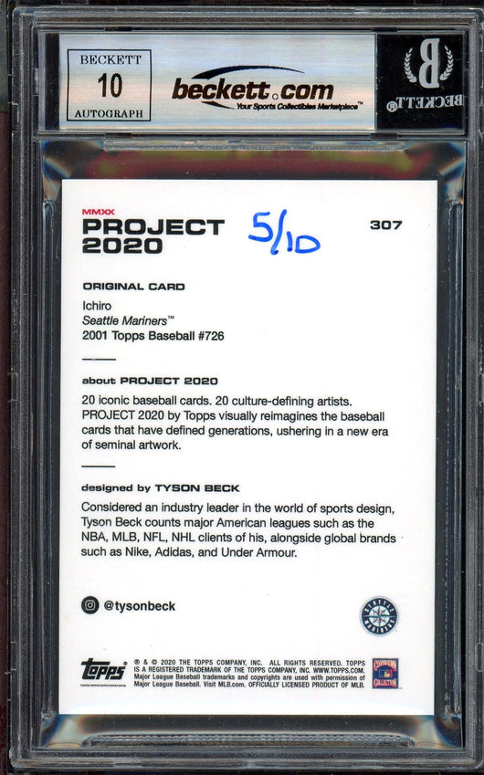 Ichiro Suzuki Autographed Topps Project 2020 Tyson Beck Card #307 Seattle Mariners Auto Grade Gem Mint 10 Black #/10 Beckett BAS Stock #201033