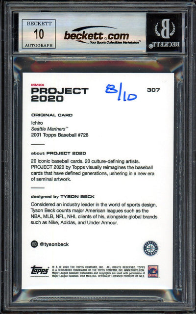 Ichiro Suzuki Autographed Topps Project 2020 Tyson Beck Card #307 Seattle Mariners Auto Grade Gem Mint 10 Teal #/10 Beckett BAS Stock #201034