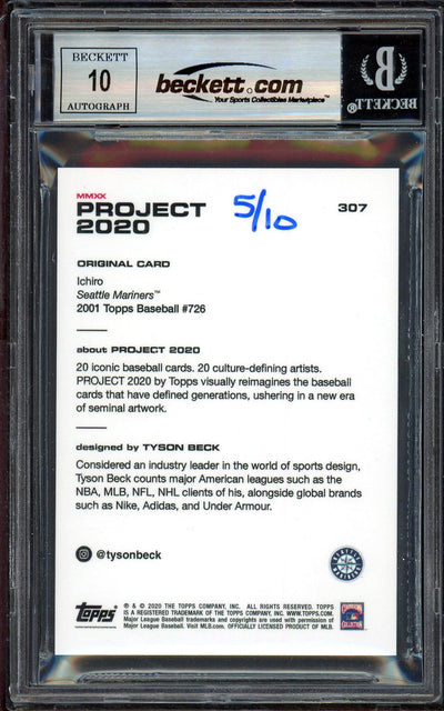 Ichiro Suzuki Autographed Topps Project 2020 Tyson Beck Card #307 Seattle Mariners Auto Grade Gem Mint 10 Gold #5/10 Beckett BAS #13713388