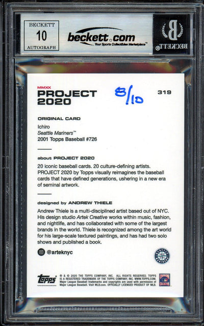Ichiro Suzuki Autographed Topps Project 2020 Andrew Thiele Card #319 Seattle Mariners Auto Grade Gem Mint 10 Black #/10 Beckett BAS Stock #201044