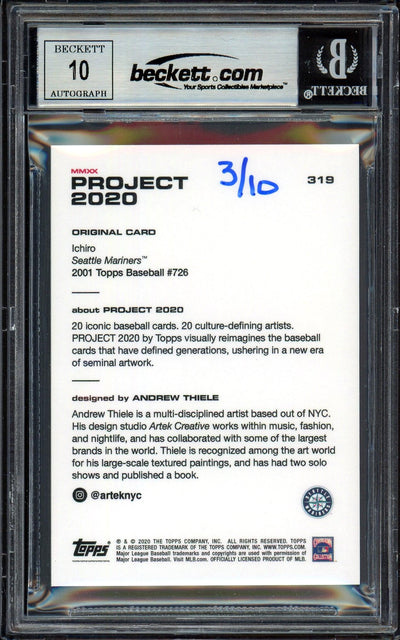 Ichiro Suzuki Autographed Topps Project 2020 Andrew Thiele Card #319 Seattle Mariners Auto Grade Gem Mint 10 Gold #/10 Beckett BAS Stock #201046