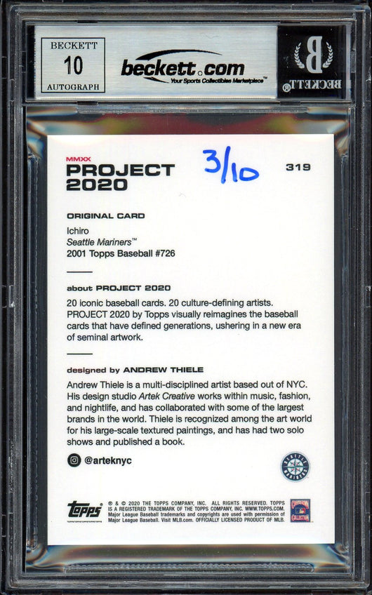 Ichiro Suzuki Autographed Topps Project 2020 Andrew Thiele Card #319 Seattle Mariners Auto Grade Gem Mint 10 Gold #/10 Beckett BAS Stock #201046