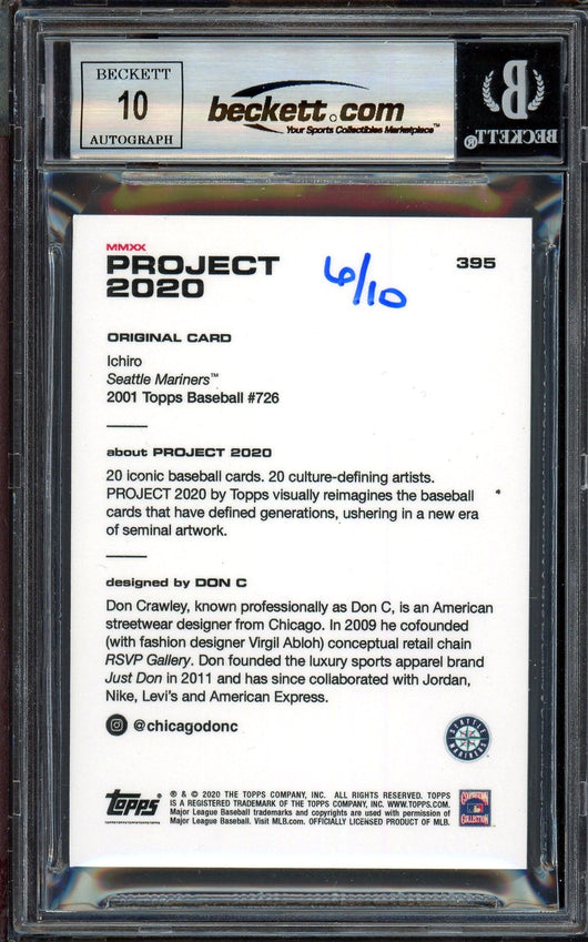 Ichiro Suzuki Autographed Topps Project 2020 Don C Card #395 Seattle Mariners Auto Grade Gem Mint 10 Lime Green #/10 Beckett BAS Stock #201057
