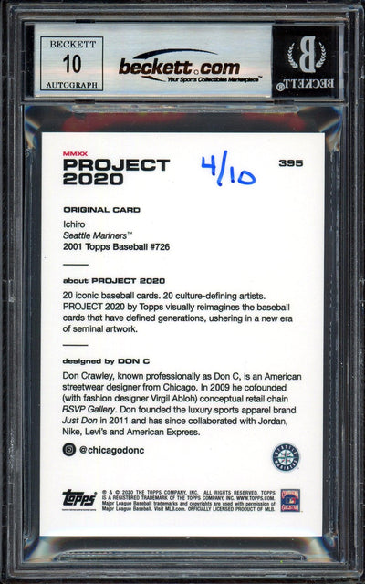 Ichiro Suzuki Autographed Topps Project 2020 Don C Card #395 Seattle Mariners Auto Grade Gem Mint 10 Black #/10 Beckett BAS Stock #201058