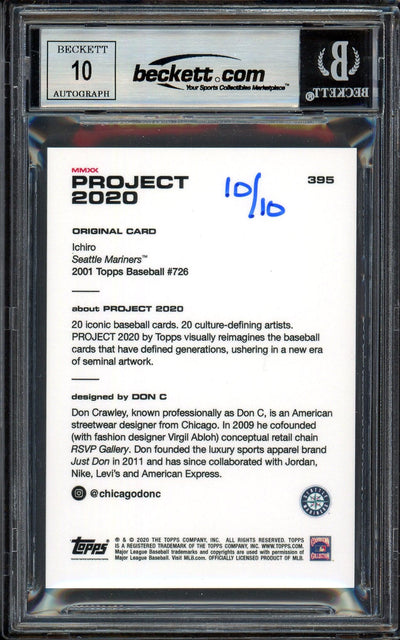 Ichiro Suzuki Autographed Topps Project 2020 Don C Card #395 Seattle Mariners Auto Grade Gem Mint 10 Gold #10/10 Beckett BAS #13713621