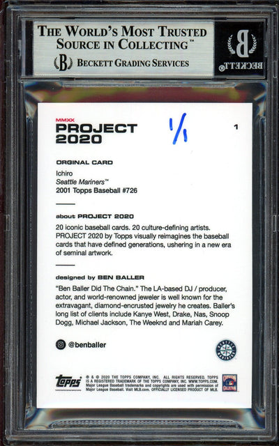 Ichiro Suzuki Autographed Topps Project 2020 Ben Baller Card #1 Seattle Mariners "01 ROY" Silver #1/1 Beckett BAS #13713736