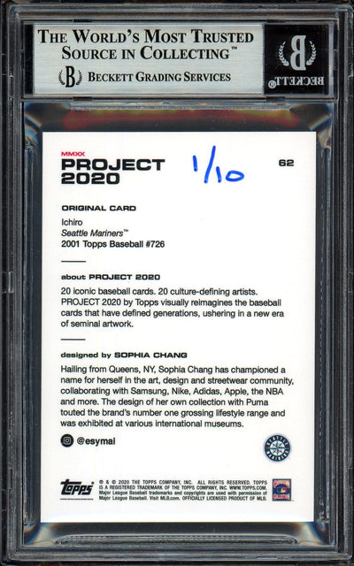 Ichiro Suzuki Autographed Topps Project 2020 Sophia Chang Card #62 Seattle Mariners Blue #1/10 Beckett BAS #13713752