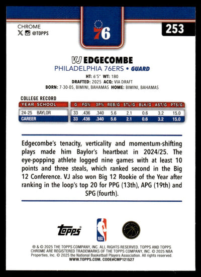2025 Topps Chrome #253 VJ Edgecombe Aqua Basketball Refractor Rookie RC /199