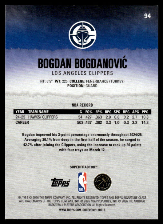 2026 Topps Signature Class #94 Bogdan Bogdanović SuperFractor 1/1