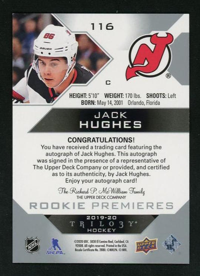 2019 Upper Deck Trilogy 116 Jack Hughes Rookie Premieres Rookie /999 New Jersey Devils Auto