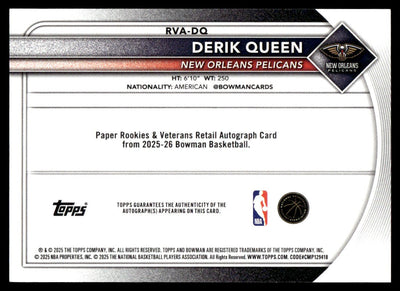 2025-26 Bowman Derik Queen Rookie RC True Red Auto /5