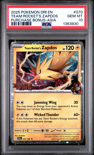 [PSA 10 - GEM MT] TEAM ROCKET'S ZAPDOS #070 - Purchase Bonus-asia - Destined Rivals (2025)
