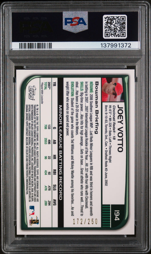 2008 Bowman Chrome Xfractor Joey Votto #194 /250 PSA 10