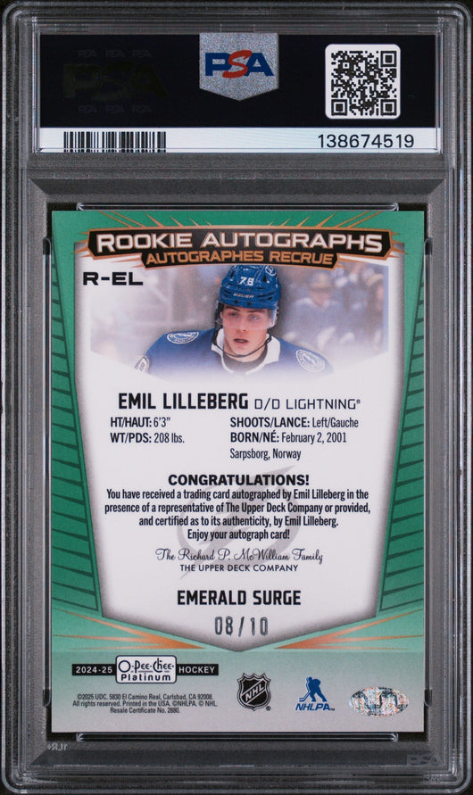 2024 Upper Deck O-Pee-Chee Platinum Rookie Autographs Emerald Surge Emil Lilleberg #REL /10 PSA 10 138674519