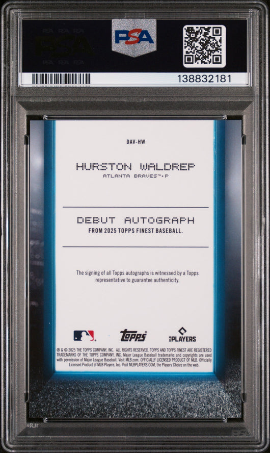 2025 Topps Finest Debut Autographs Green Refractor Hurston Waldrep #DAVHW /75 PSA 9