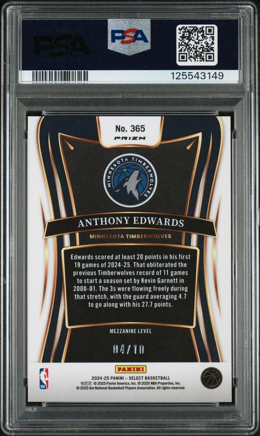 2024 Panini Select Gold Flash Anthony Edwards #365 /10 PSA 10