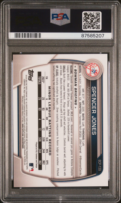 2023 Bowman Chrome Prospect Yellow Refractor Spencer Jones #BCP139 /75 PSA 10
