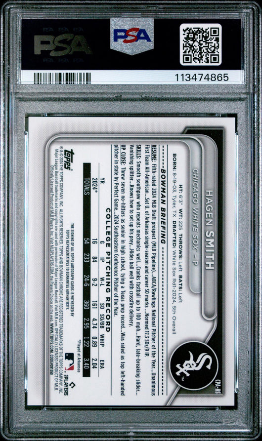 2024 Bowman Draft Chrome Prospect Autographs Gold Refractor Hagen Smith #CPAHS /50 PSA 10