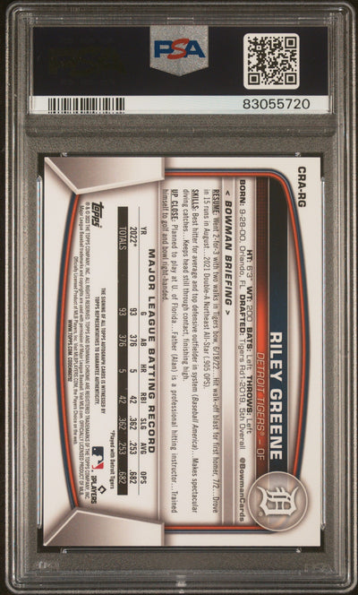 2023 Bowman Chrome Rookie Autograph Yellow Refractor Riley Greene #CRARG /75 PSA 9
