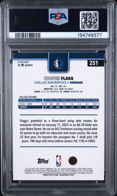 2025 Topps Chrome Basketball Refractor Cooper Flagg #251 PSA 9