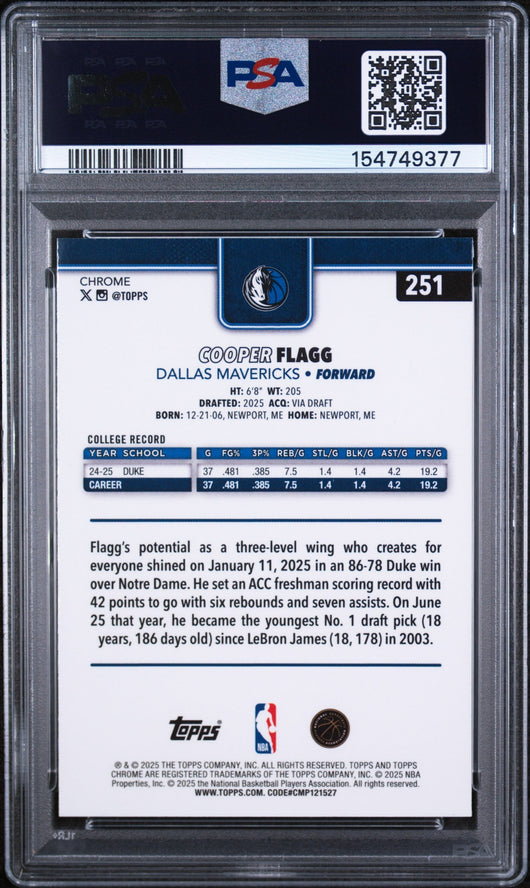 2025 Topps Chrome Basketball Refractor Cooper Flagg #251 PSA 9