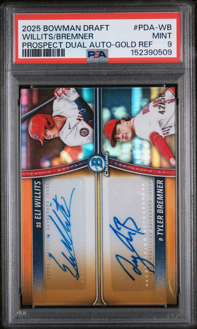 2025 Bowman Draft Prospect Dual Autographs Gold Refractor Eli Willits/Tyler Bremner #PDA-WB /25 PSA 9