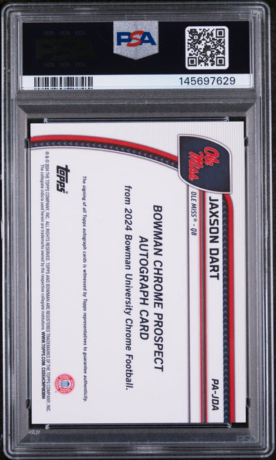 2024 Bowman University Chrome Bowman Chrome Prospect Autographs Prspct Au-B&G Stealth Ref Jaxson Dart #PAJDA /25 PSA 10