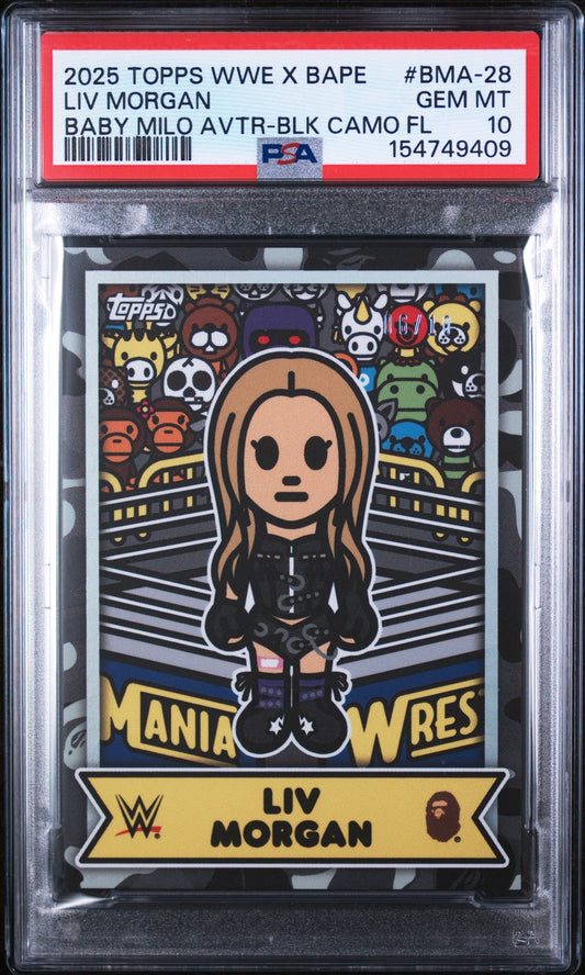 2025 Topps WWE X Bape Baby Milo Avatar Baby Milo Avtr-Blk Camo Fl Liv Morgan #BMA-28 10/10 PSA 10