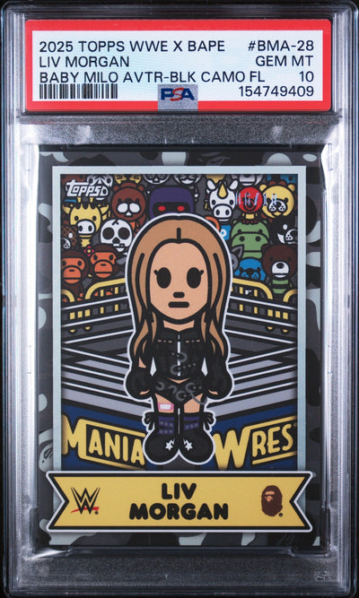2025 Topps WWE X Bape Baby Milo Avatar Baby Milo Avtr-Blk Camo Fl Liv Morgan #BMA-28 10/10 PSA 10