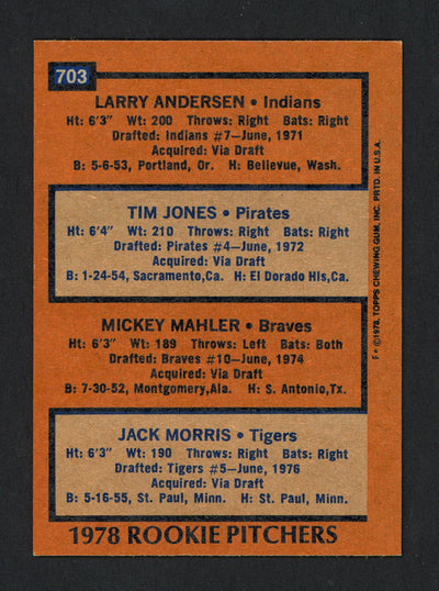 Jack Morris Autographed 1978 Topps Rookie Card #703 Detroit Tigers SKU #161603