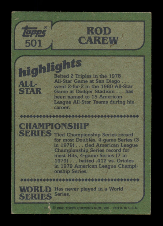 Rod Carew Autographed 1982 Topps In Action Card #501 California Angels SKU #186600
