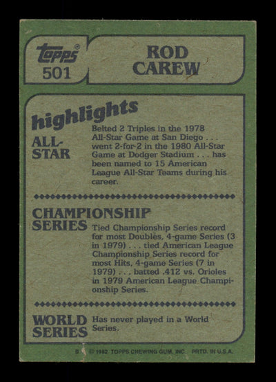 Rod Carew Autographed 1982 Topps In Action Card #501 California Angels SKU #186600
