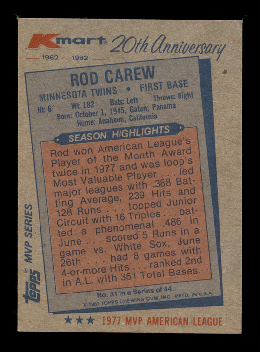 Rod Carew Autographed 1982 Topps K-Mart Card #31 Minnesota Twins SKU #186609