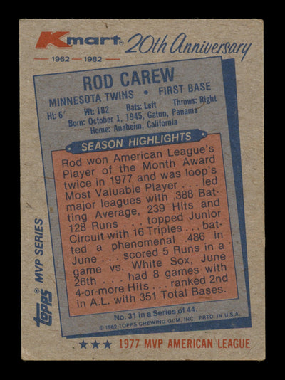 Rod Carew Autographed 1982 Topps K-Mart Card #31 Minnesota Twins SKU #186610