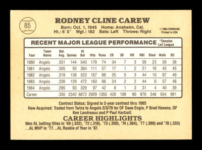 Rod Carew Autographed 1985 Donruss Card #85 California Angels SKU #186675