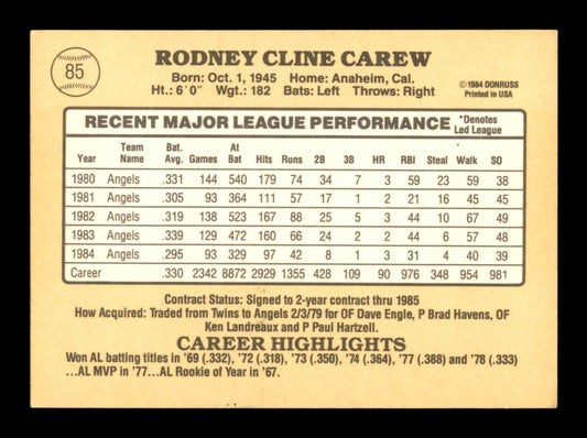 Rod Carew Autographed 1985 Donruss Card #85 California Angels SKU #186676